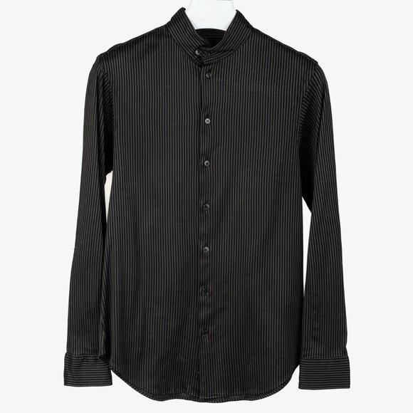 Armani Collezioni Grey and Black Striped Jersey Button-Up Shirt - Picture 1 of 10